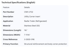 UTILITY CORNER INSERT SS 116"  X 7-11/16" REEFER 3-2500-098