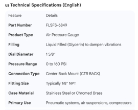 AIR GAUGE LIQUID FILLED 1-5/8" 160PSI CTR BACK