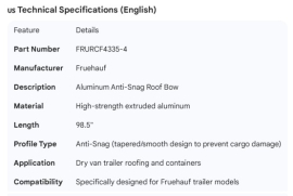 FRUEHAUF ALUM ANTI-SNAG ROOF BOW 98.5"