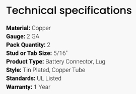 GROTE BATTERY CONNECTOR COPPER LUG 2 GA X 5/16
