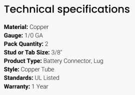 GROTE BATTERY CONNECTOR COPPER 1/0 X 3/8 (2)