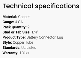 GROTE BATTERY CONNECTOR COPPER LUG 4 GA X 1/4