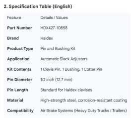 HALDEX SLACK ADJUSTER PIN AND BUSHING KIT