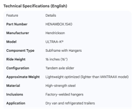 HENDRICKSON ULTRAA-K SUBFRAME WITH HANGERS 16" RIDE HEIGHT
