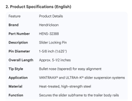 HENDRICKSON SLIDER LOCKING PIN 1-5/8"