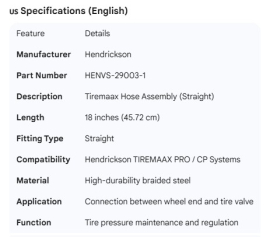 HENDRICKSON TIREMAAX TIRE HOSE ASSY STRAIGHT 18"