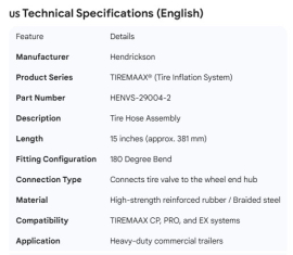HENDRICKSON TIREMAAX TIRE HOSE ASSY 180 DEGREE 15"