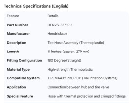HENDRICKSON TIRE HOSE ASSY THERMO 180DEG 11"
