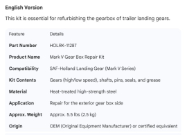 HOLLAND GEAR BOX REPAIR KIT MARK V