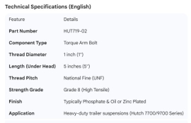 HUTCH TORQUE ARM BOLT 1" X 5"