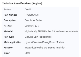 HYUNDAI DOOR INNER GASKET LH