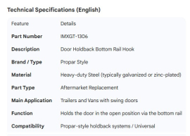 DOOR HOLDBACK BOTTOM RAIL HOOK PROPAR
