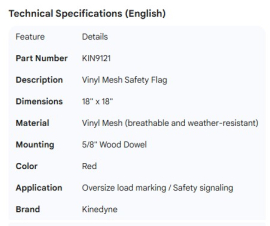 KINEDYNE FLAG RED VINYL MESH WITH 5/8" WOOD DOWEL 18" X 18"