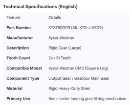 KYSOR WESTRAN J5309 GEAR 26/51T RIGID
