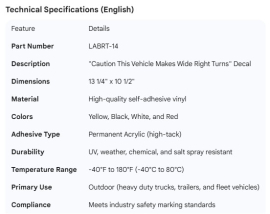 CAUTION RIGHT WIDE TURN DECAL