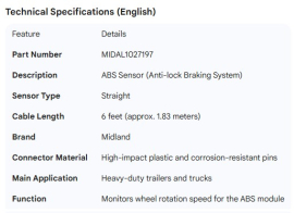 MIDLAND ABS SENSOR STRAIGHT W/6' CABLE