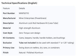MINER ALUMINUM LOCK ROD KIT LESS TUBE