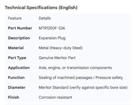 MERITOR EXPANSION PLUG METAL