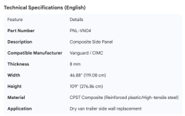 VANGUARD SIDE PANEL CPST 8MM X 46.88" X 109"