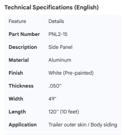 SIDE PANEL WHITE ALUMINUM .050" X 49" X120"