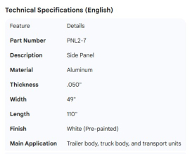 SIDE PANEL WHITE ALUMINUM .050" X 49" X110"