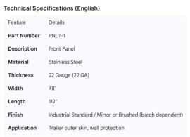 FRONT PANEL STAINLESS STEELS 22GA X 48" X 112"
