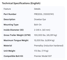 PREMIER DRAWBAR EYE 2-3/8" ID BOLT ON