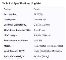 PREMIER DRAWBAR EYE 2-3/8"ID SHAFT 2"OD X 11-1/8"L (208,416)