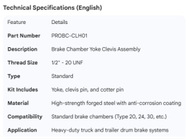 PROPAR BRAKE CHAMBER YOKE CLEVIS ASSEMBLY STANDARD 1/2"