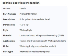 PROPAR ROLL-UP DOOR INTER PANEL 11.5" X 98" WHITING STYLE