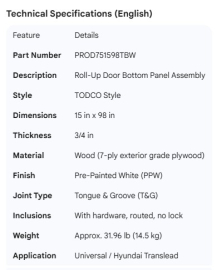 PROPAR ROLL-UP DOOR PANEL ASSY 15 X 98 NO LOCK TODCO STYLE