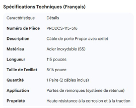 PROPAR DOOR CABLE SS 115", 5/16" EYE (1 PAIR = 2 CABLES)