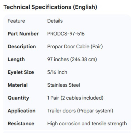 PROPAR DOOR CABLE SS 97", 5/16" EYE (1 PAIR = 2 CABLES)