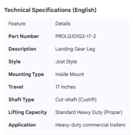 PROPAR GEAR LEG 17" JOST STYLE INSIDE MNT CUSHFT
