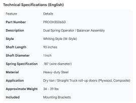 PROPAR ROLL-UP DOOR BALANCER DUAL SPRING  93" WHITING STYLE