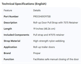 PROPAR ROLL-UP DOOR PULL STRAP W/7575 RETAINER 19"