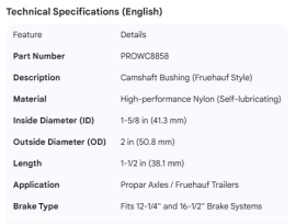 PROPAR CAMSHAFT BUSHING FRUEHAUF STYLE