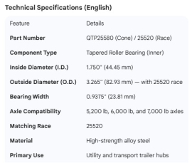 AXLE SPINDLE BEARING 1.75" I.D. INNER, #99 OUTER 25520 RACE