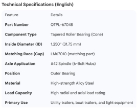AXLE SPINDLEBEARING 1.25"ID, #42 6-BOLT OUTER, LM-67010 RACE