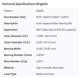AXLE SPINDLE BEARING 1.3785" I.D. #84 INNER, L-68111 RACE