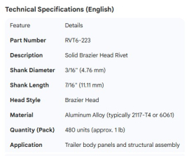 SOLID RIVET 3/16" X 7/16" BRAZIER HEAD (480)