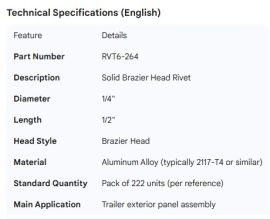 SOLID RIVET 1/4" X 1/2" BRAZIER HEAD (222)