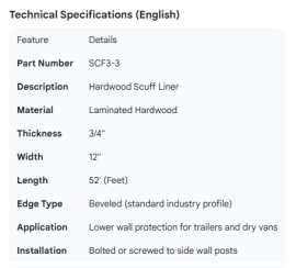 HARDWOOD SCUFF LINER 3/4" X 12" X 52'
