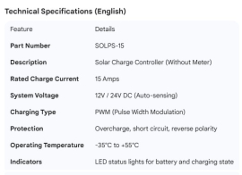 SOLAR CHARGE CONTROLER 15AMP 12/24VOLT W/O METER