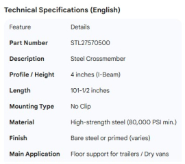 CROSSMEMBER STEEL 4" X 101-1/2" NO CLIP