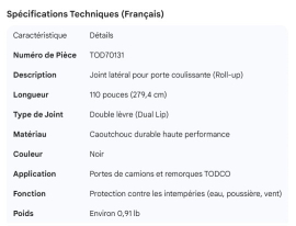 TODCO ROLL-UP DOOR SIDE SEAL 110"