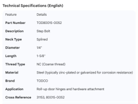 TODCO ROLL-UP DOOR BOLT STEP BOLT SPLINED 1/4" X 1-5/8"