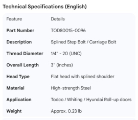 TODCO ROLL-UP DOOR BOLT STEP BOLT SPLINED 1/4" X 3"
