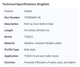 TODCO ROLL-UP DOOR BOTTOM SEAL 96"