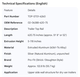 STRICK TOP RAIL 52' 02-06388-620-75